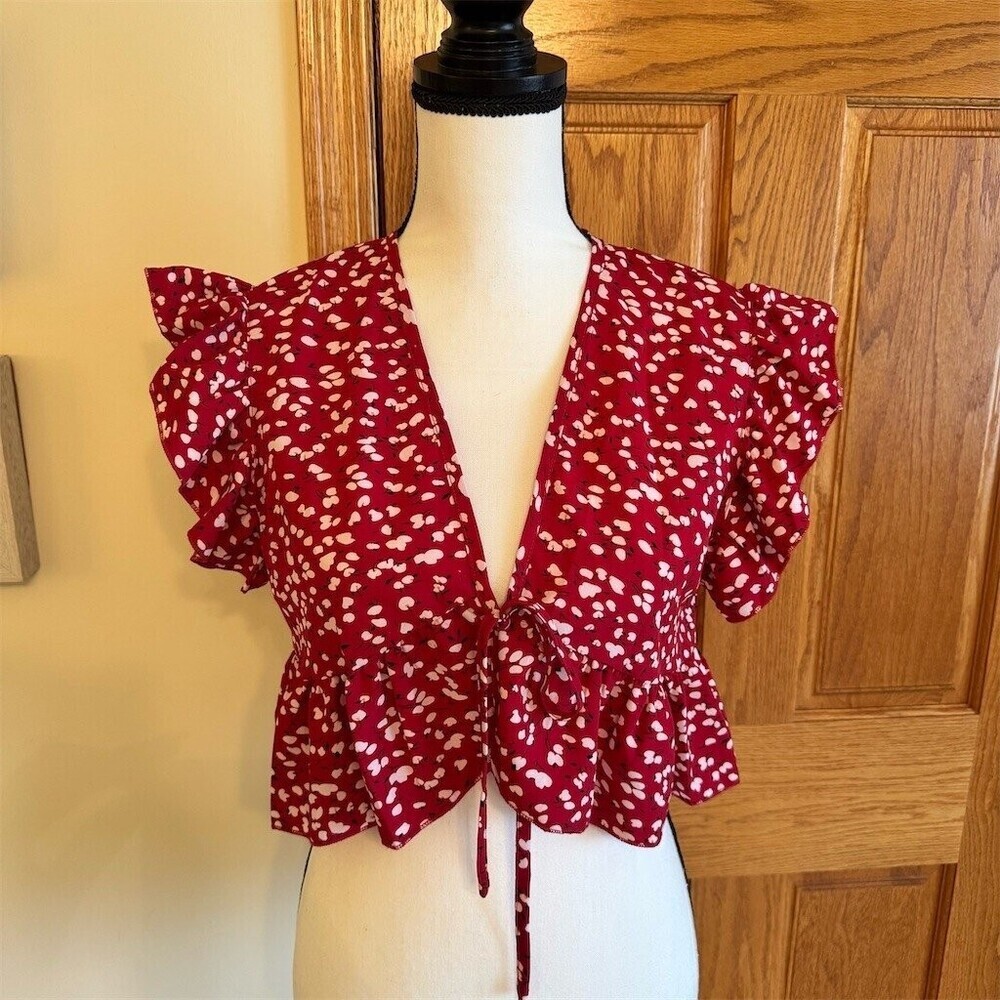 SHEIN Blouse Womens Size M Red Ditsy Floral Tie Front Ruffle Hem Cropped